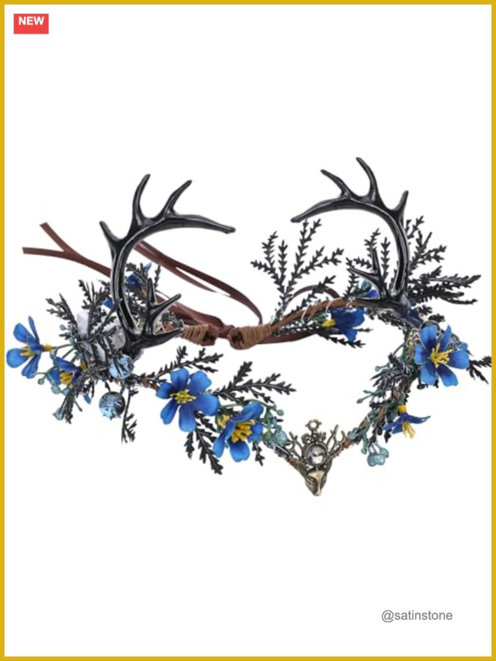 Light Up Antler Crown Blue Flower Elf Circlet Fairy Headband Renaissance